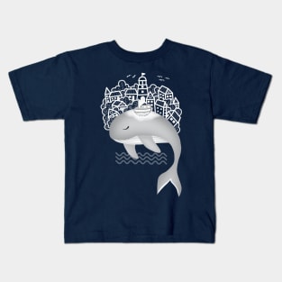 Whale carries a town on his back Kids T-Shirt